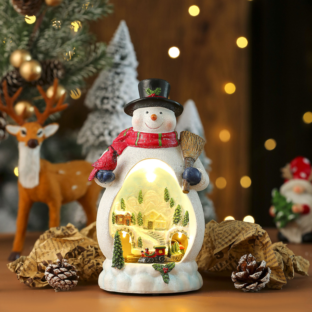 Christmas Cabin Music Box — LED Santa & Snowman Figurines (Rotating Train)