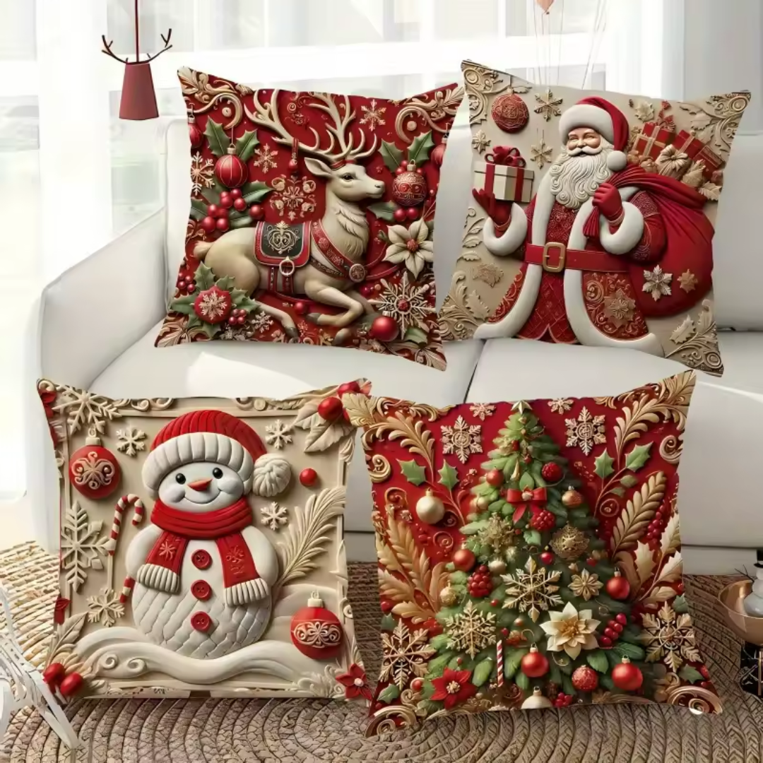 Deluxe Christmas Pillow Cover Set — 4 Designs (Santa, Reindeer, Tree & Snowman, 45×45cm)