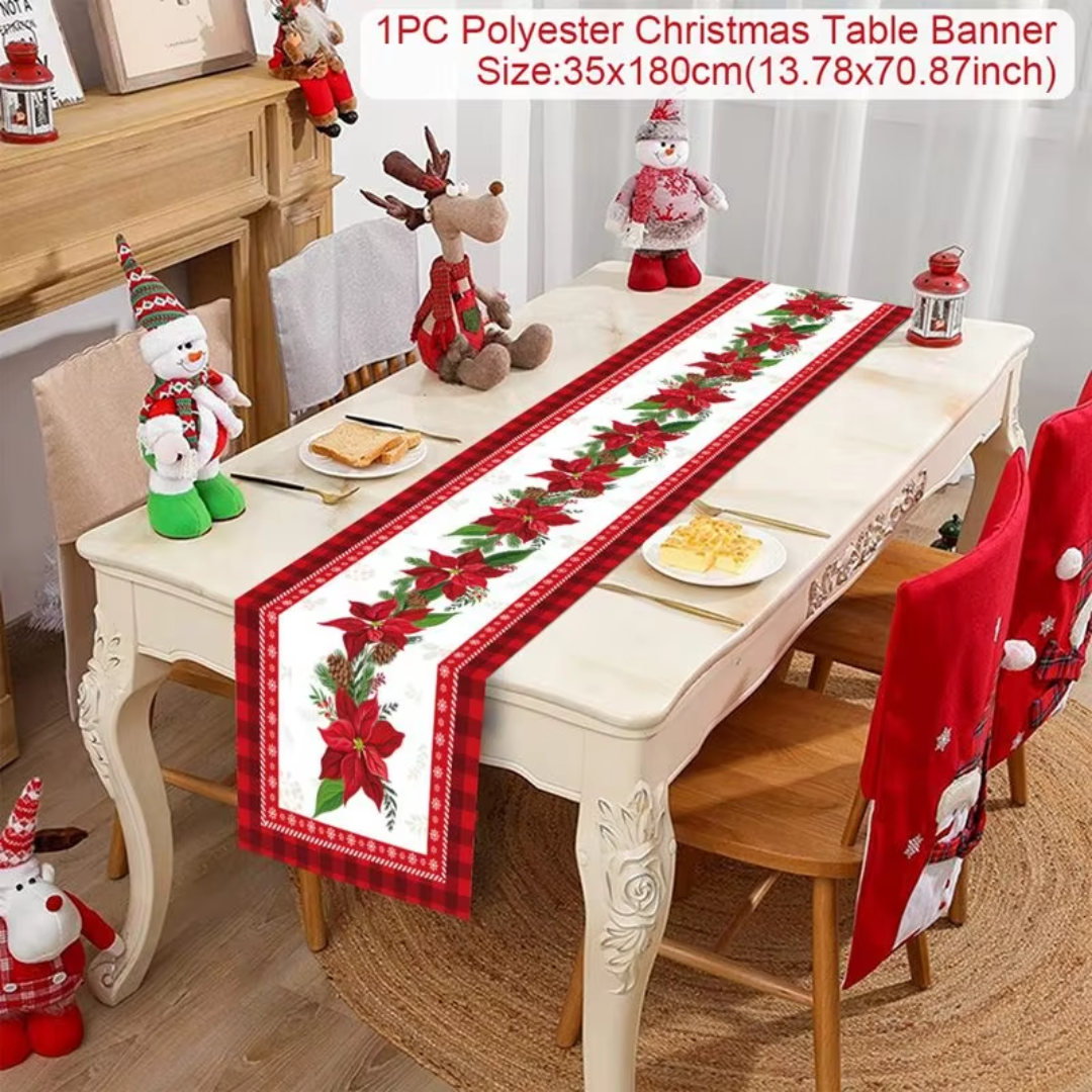 Christmas Table Runner – Red Poinsettia & Reindeer Holiday Designs (35×180 cm)