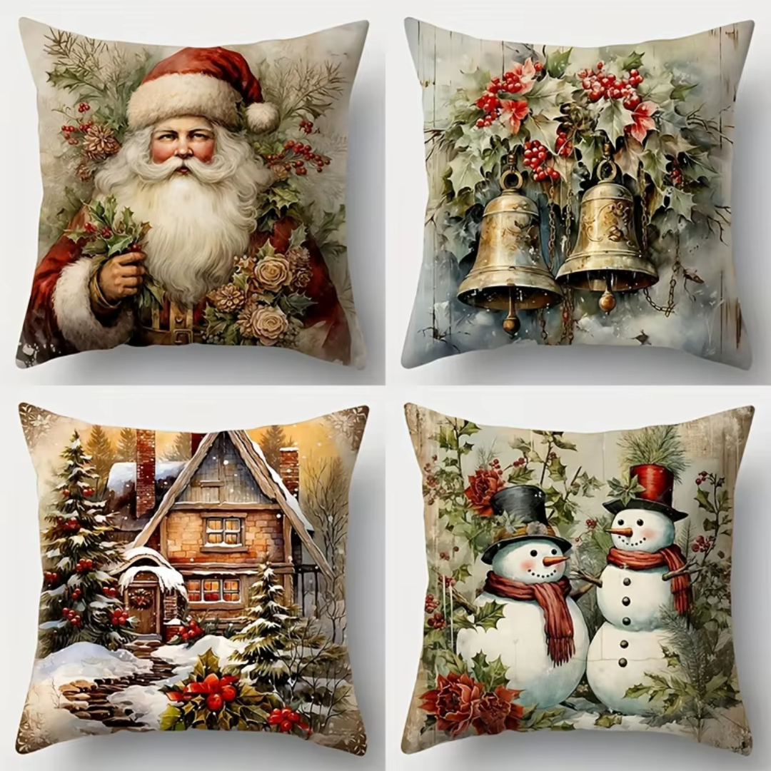 Vintage Christmas Cushion Covers Set (4 Pieces) – Santa, Bells, Cabin & Snowman Collection
