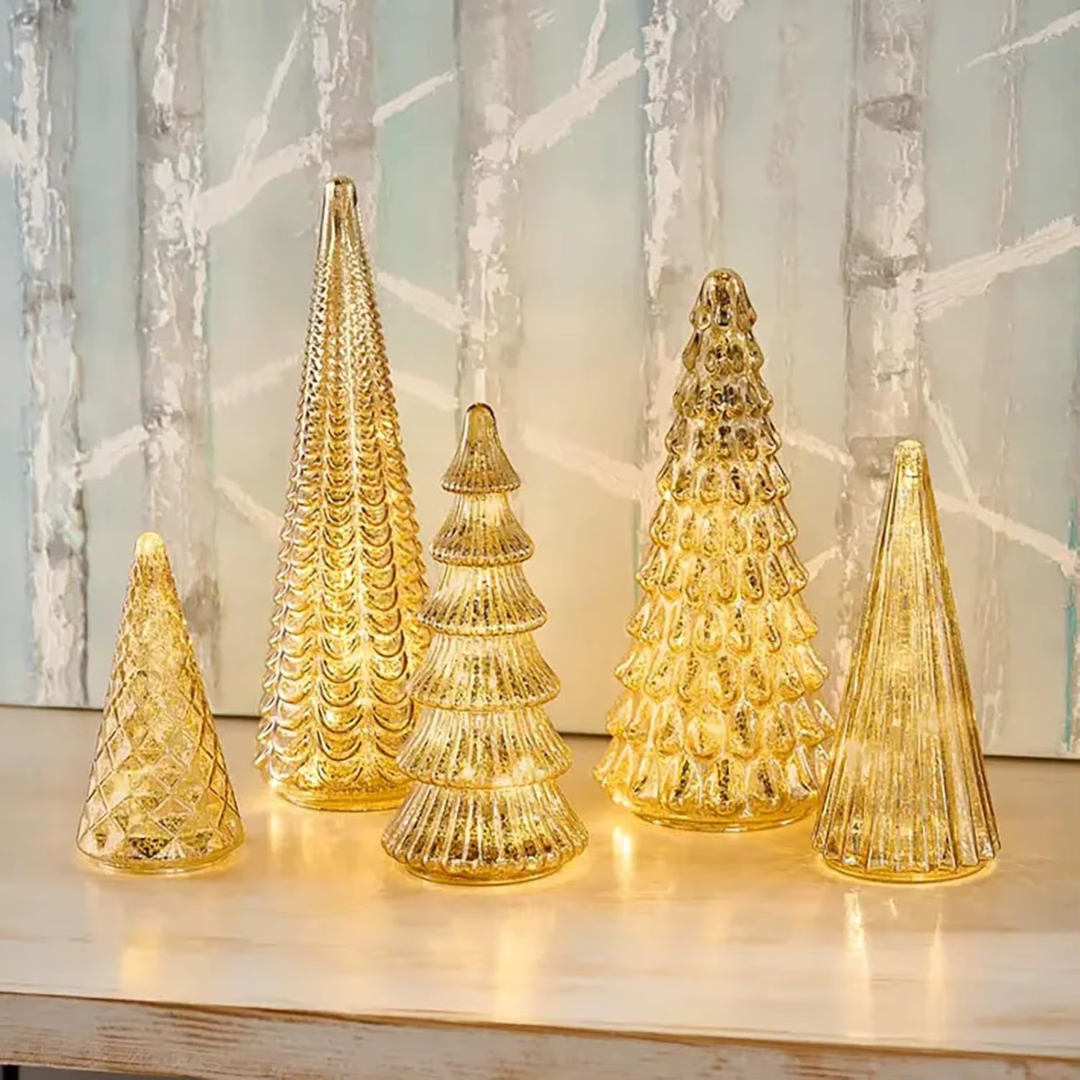Set of 5 LED Mercury Glass Christmas Trees – Golden & Silver Holiday Deco