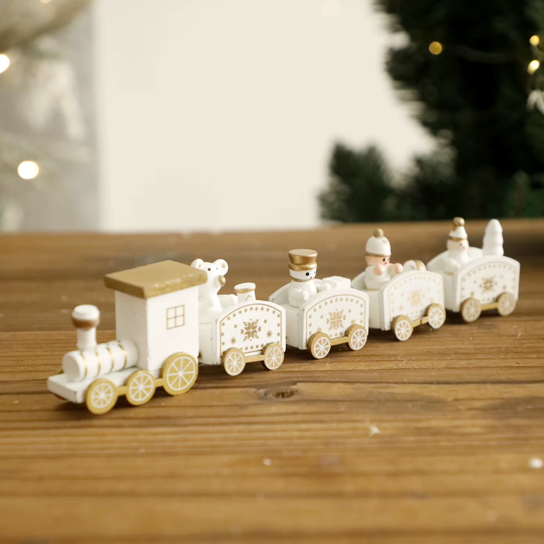 White Wooden Christmas Train – 4-Car Mini Decor