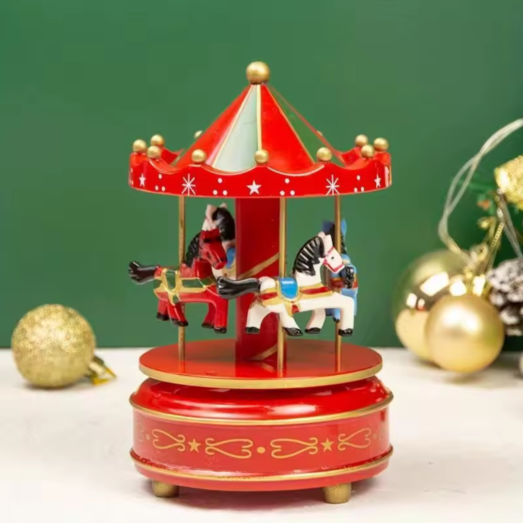 Wooden Carousel Music Box – Red Vintage Merry-Go-Round Gift