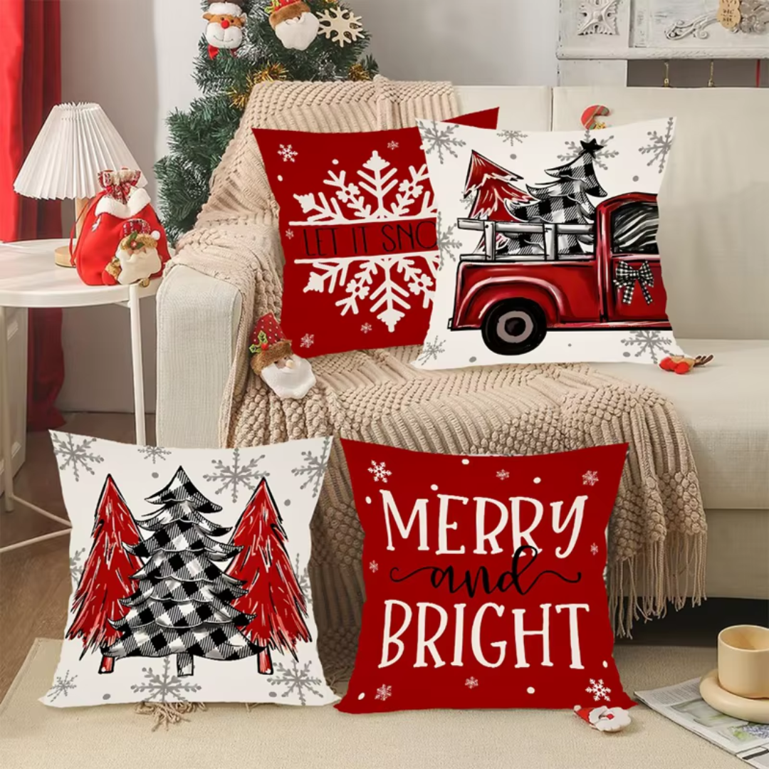 Christmas Cushion Covers Set (4 Pieces) – Red Truck & Snowflake Collection