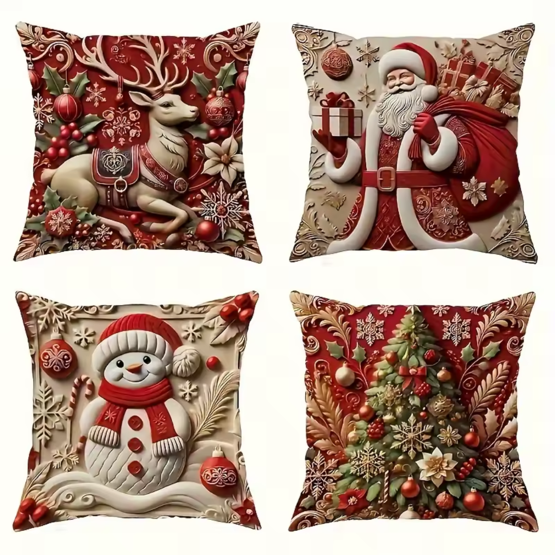 Deluxe Christmas Pillow Cover Set — 4 Designs (Santa, Reindeer, Tree & Snowman, 45×45cm)