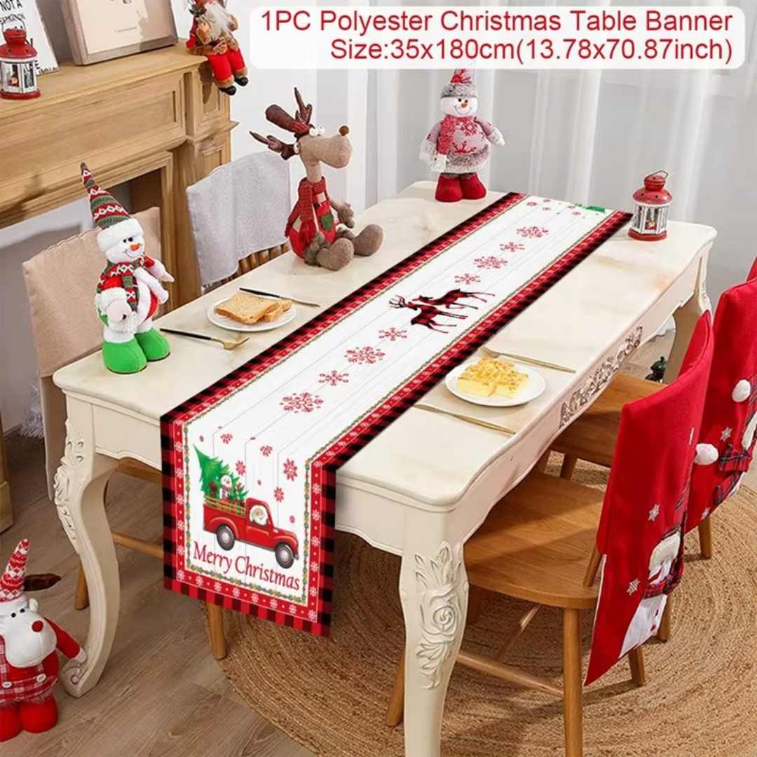 Christmas Table Runner – Red Poinsettia & Reindeer Holiday Designs (35×180 cm)