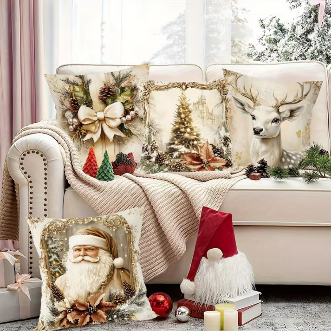 Vintage Christmas Cushion Covers Set (4 Pieces) – Golden Holiday Pillow Collection