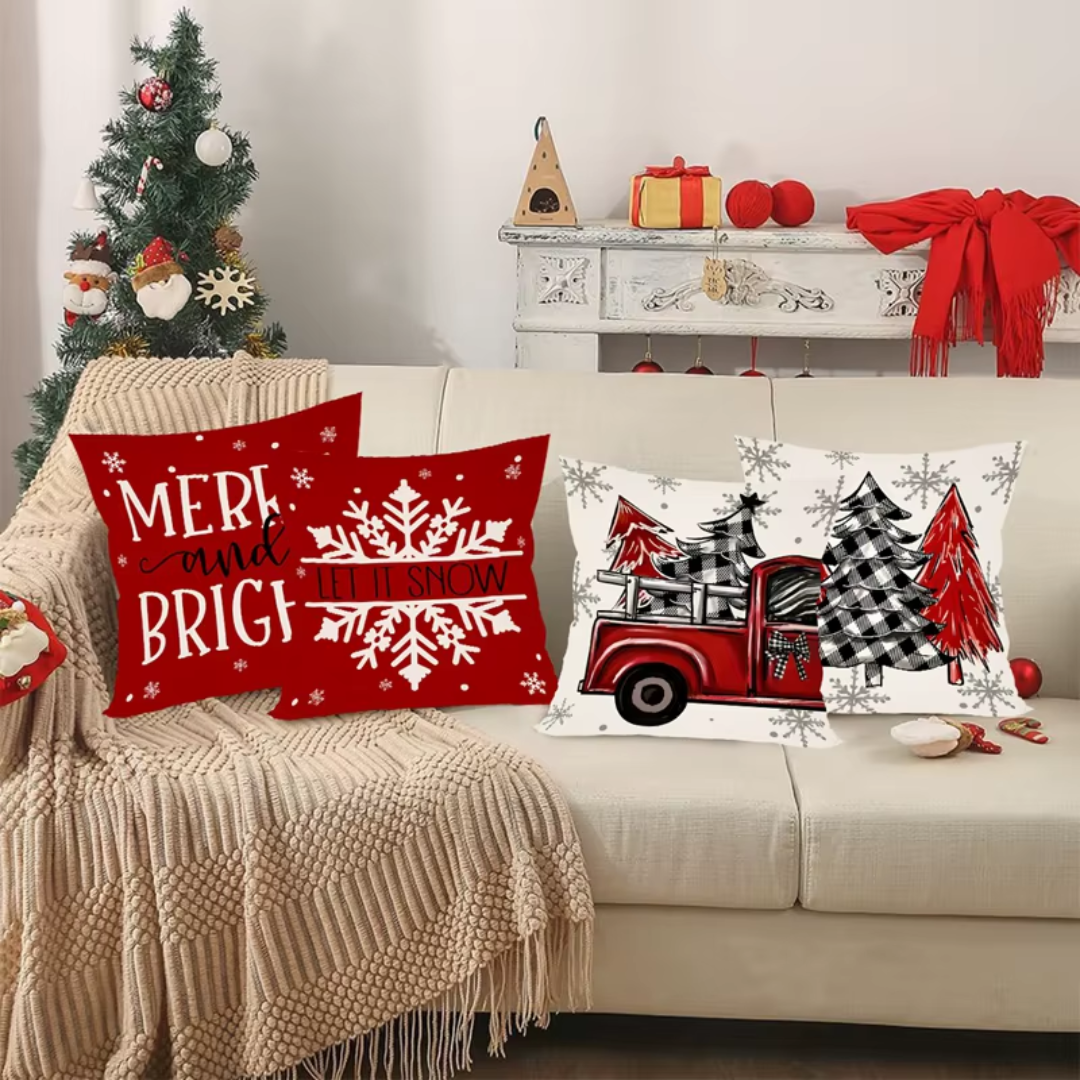 Christmas Cushion Covers Set (4 Pieces) – Red Truck & Snowflake Collection