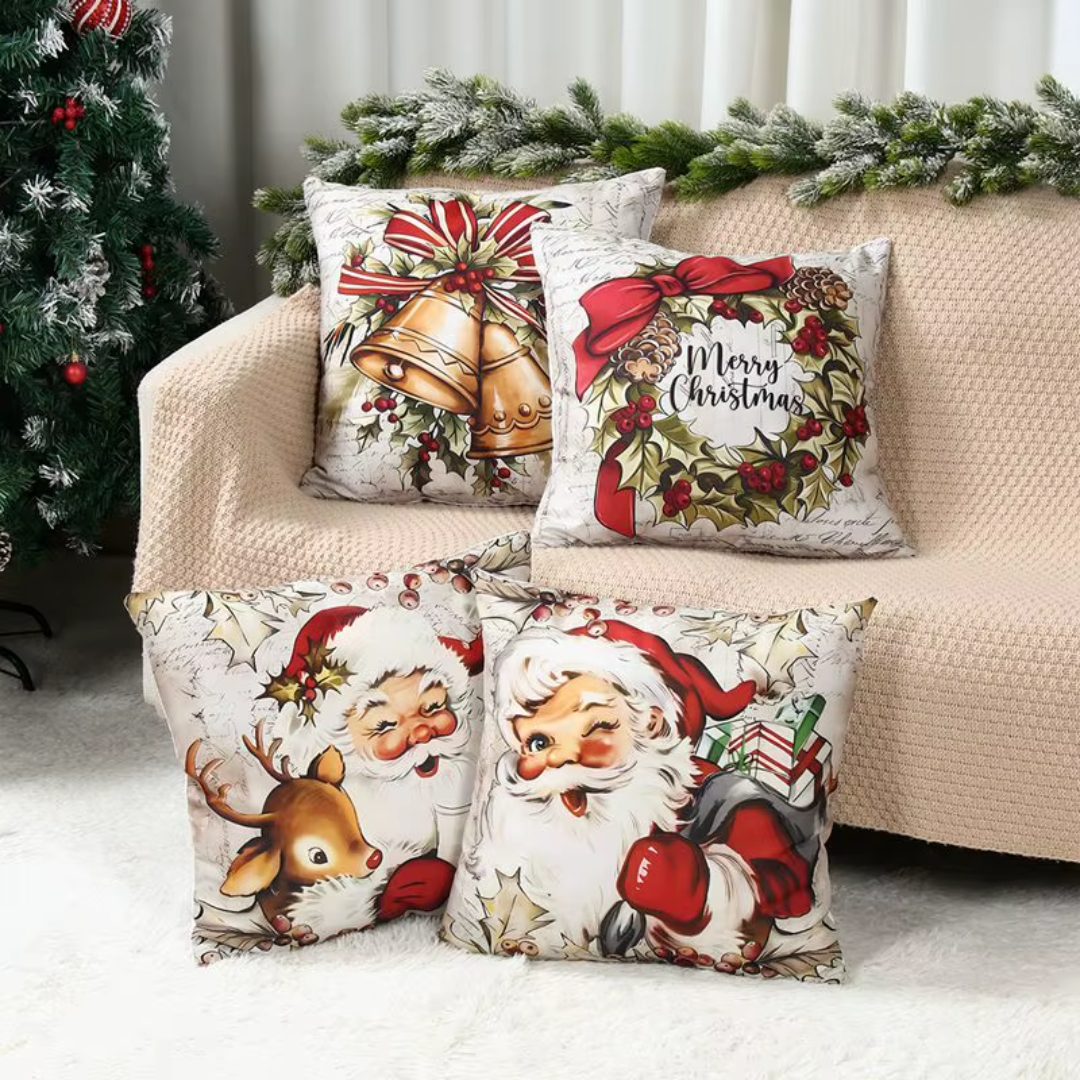 Christmas Cushion Covers Set (4 Pieces) – Santa, Reindeer, Bells & Wreath Collection
