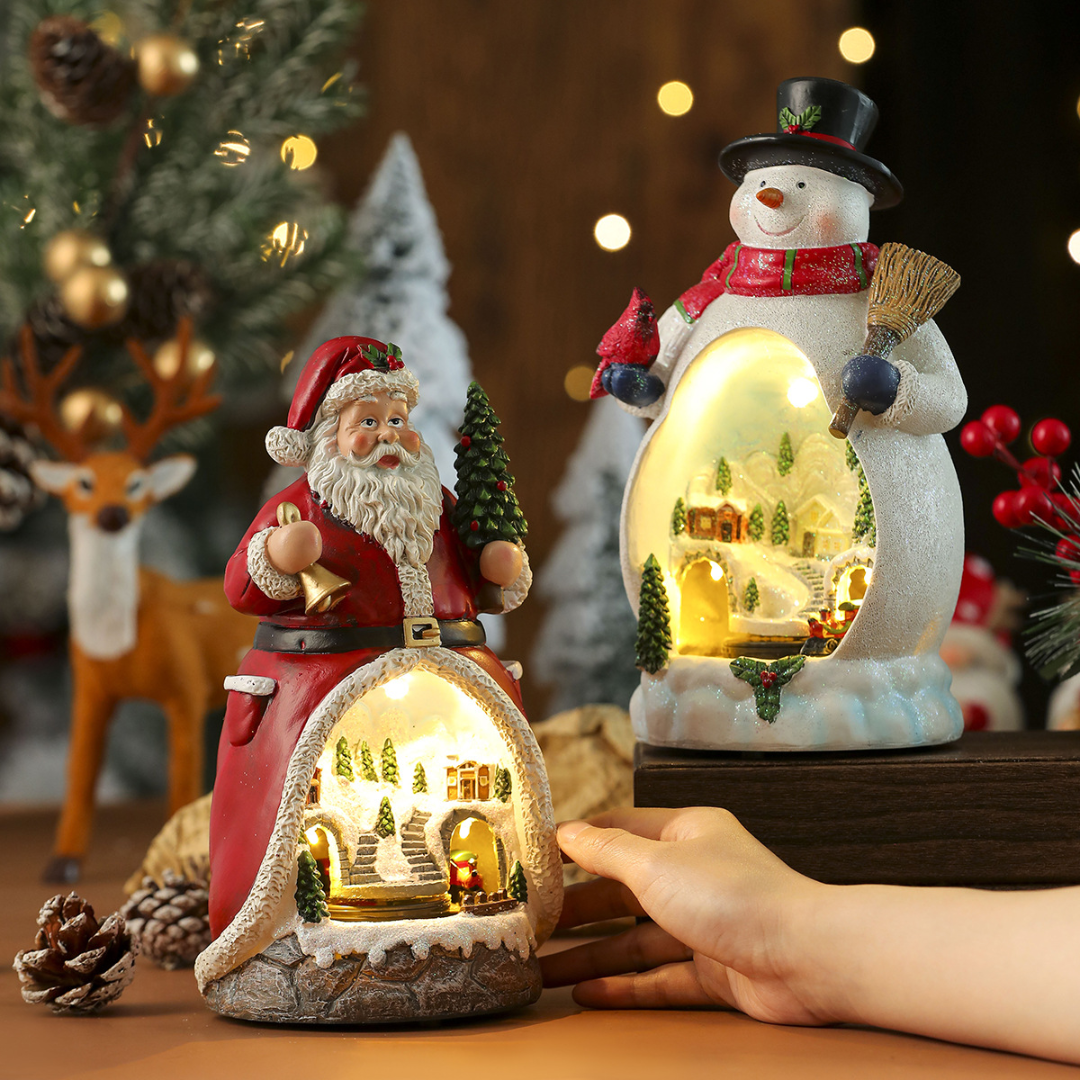 Christmas Cabin Music Box β LED Santa & Snowman Figurines (Rotating Train)