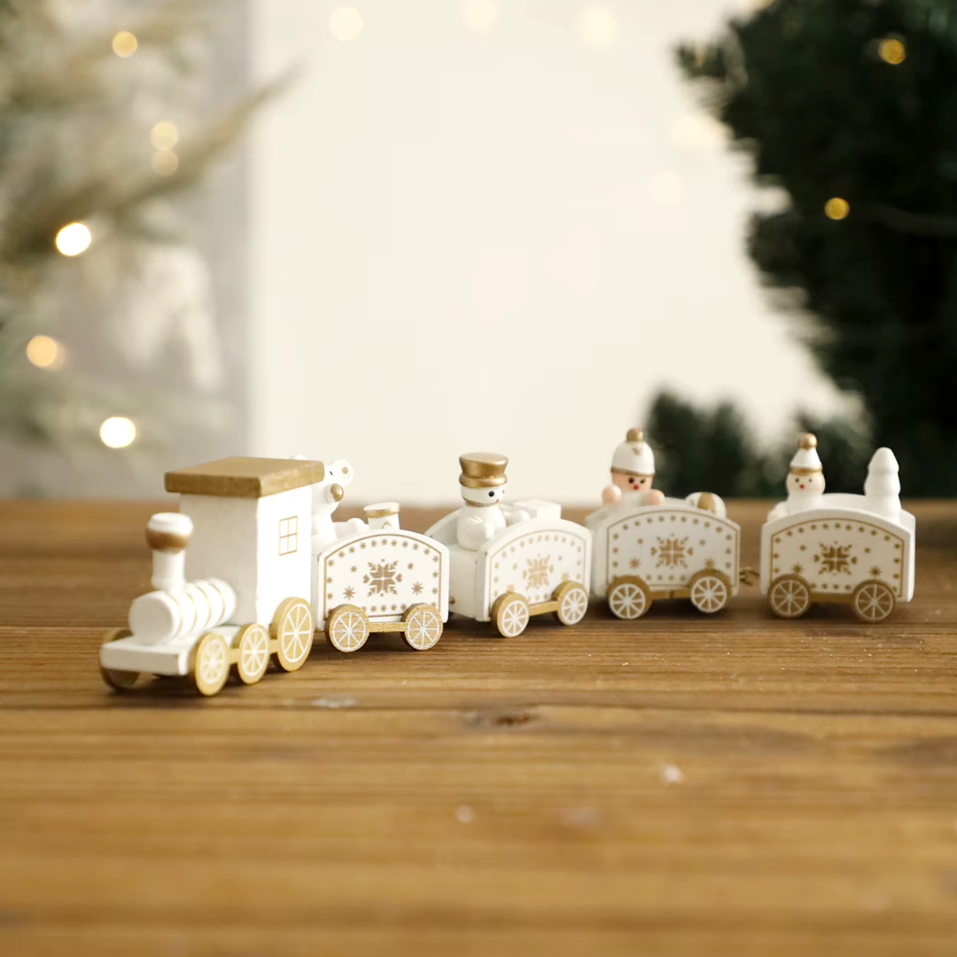 White Wooden Christmas Train – 4-Car Mini Decor