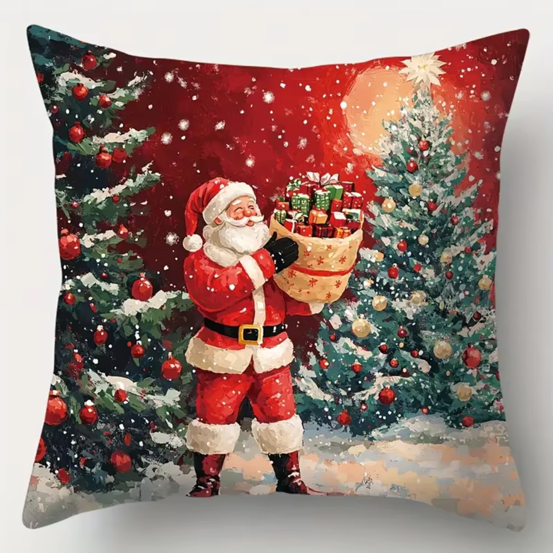 Classic Christmas Cushion Covers Set (4 Pieces) β Santa & Snowman Red Holiday Collection
