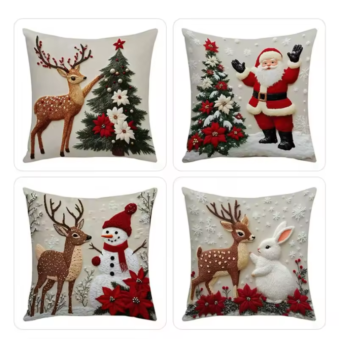 Christmas Embroidered Cushion Covers Set (4 Pieces) β Cozy Holiday Pillow Covers