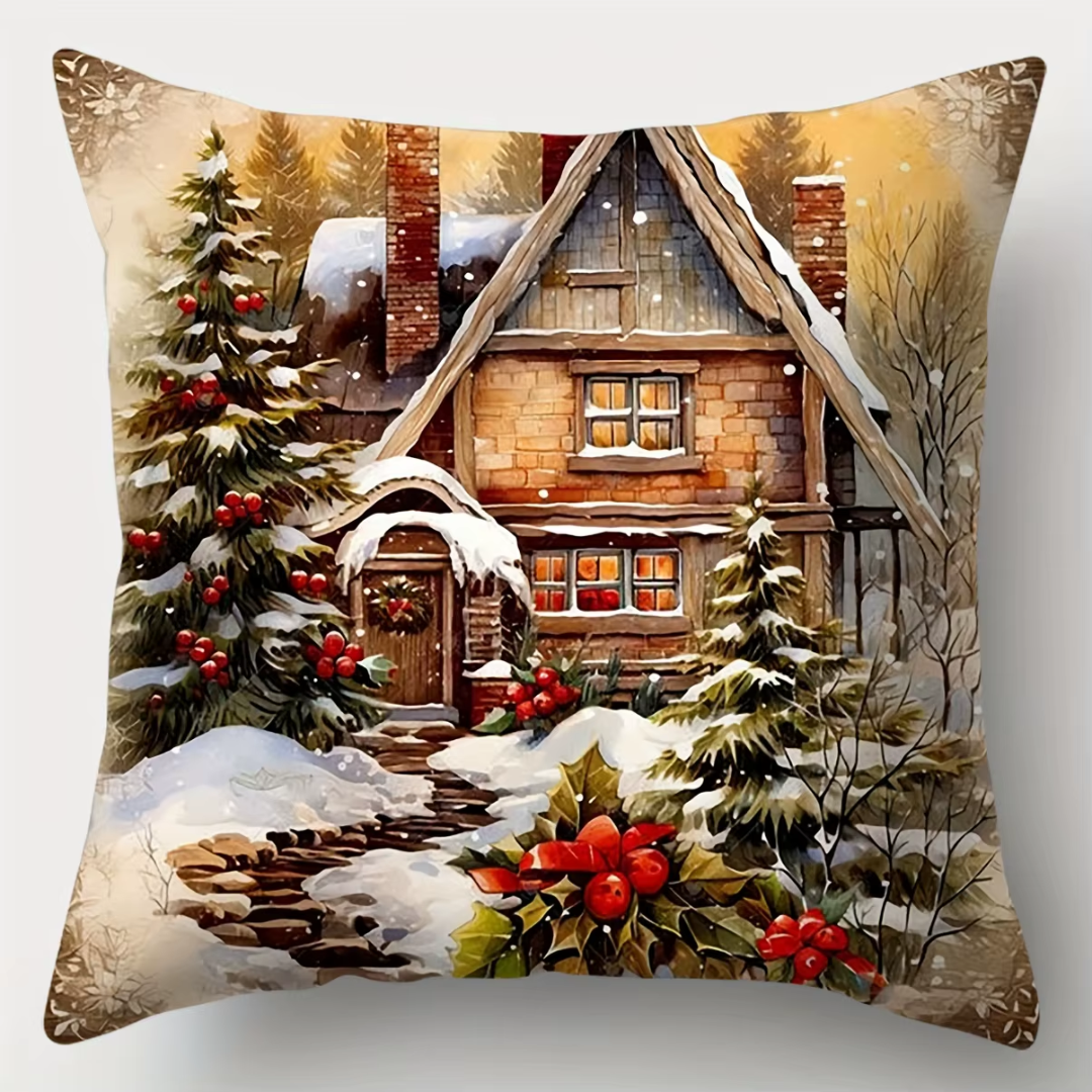 Vintage Christmas Cushion Covers Set (4 Pieces) β Santa, Bells, Cabin & Snowman Collection