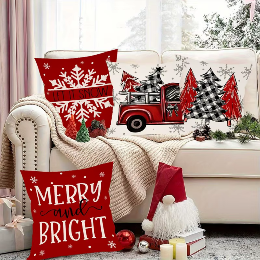 Christmas Cushion Covers Set (4 Pieces) – Red Truck & Snowflake Collection