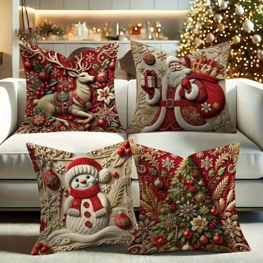 Deluxe Christmas Pillow Cover Set — 4 Designs (Santa, Reindeer, Tree & Snowman, 45×45cm)