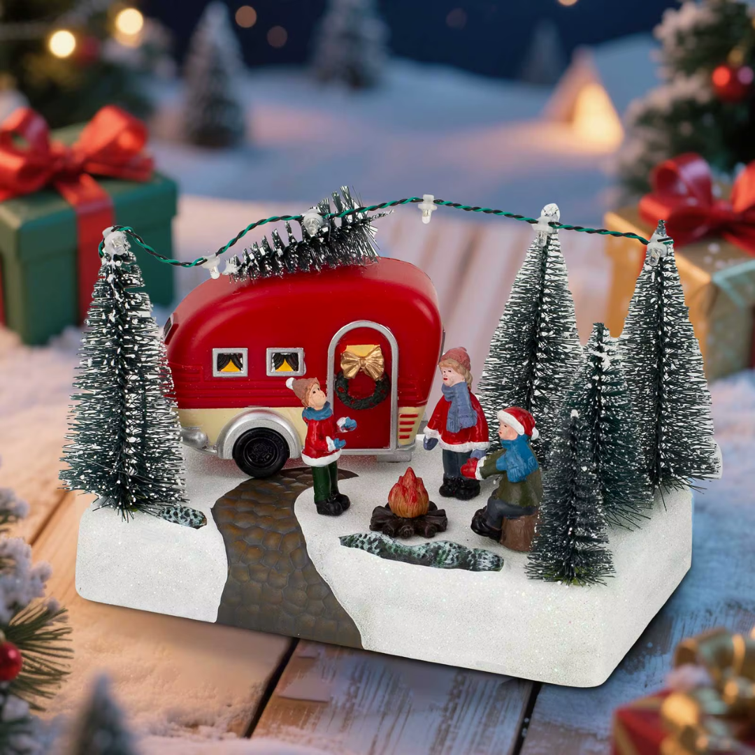 Christmas Camper Scene with LED Lights & Music – Holiday Caravan Village Décor