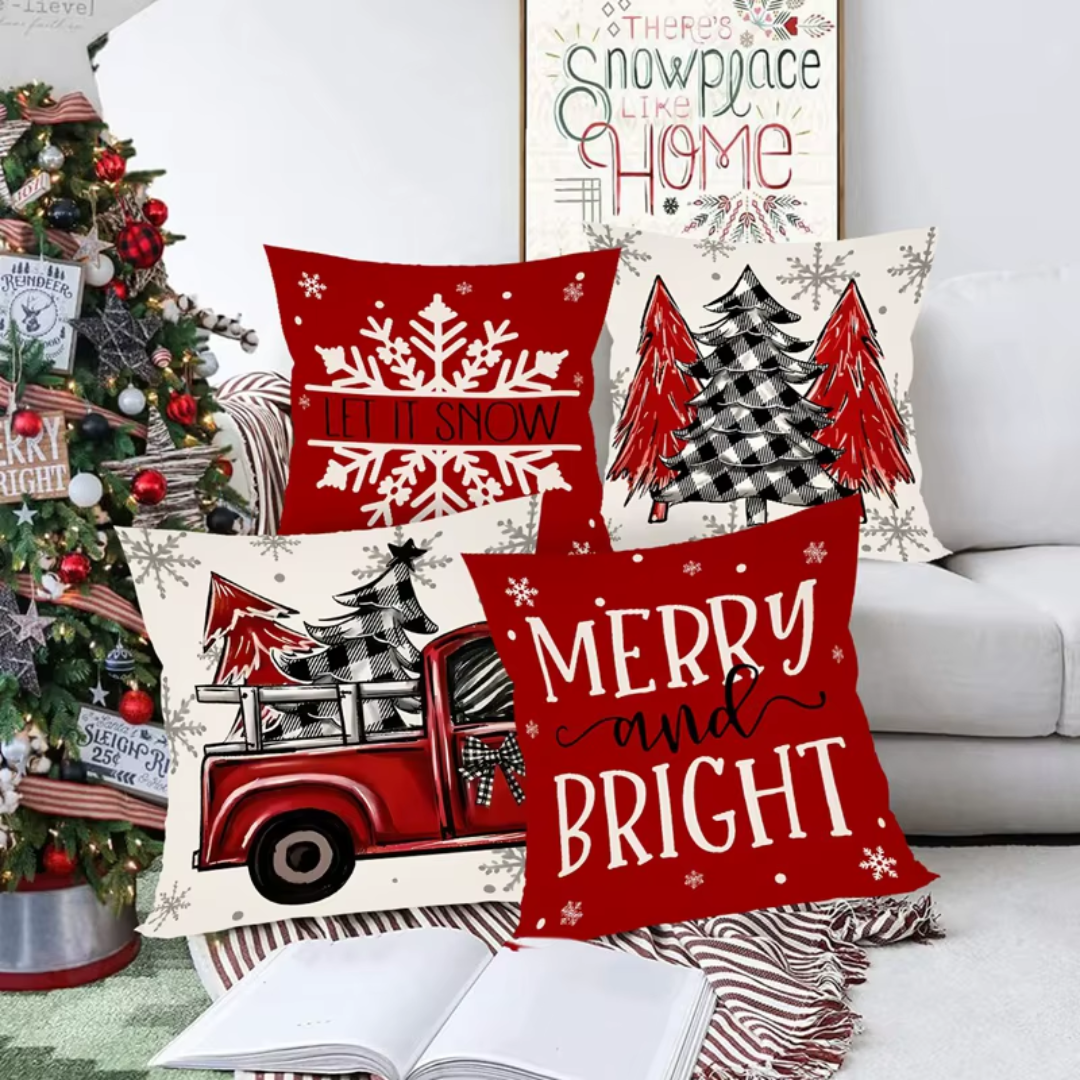Christmas Cushion Covers Set (4 Pieces) – Red Truck & Snowflake Collection