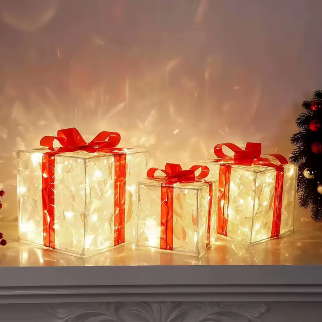 Christmas LED Gift Box Lights Set (3 Pieces) β Glowing Holiday Present Decorations