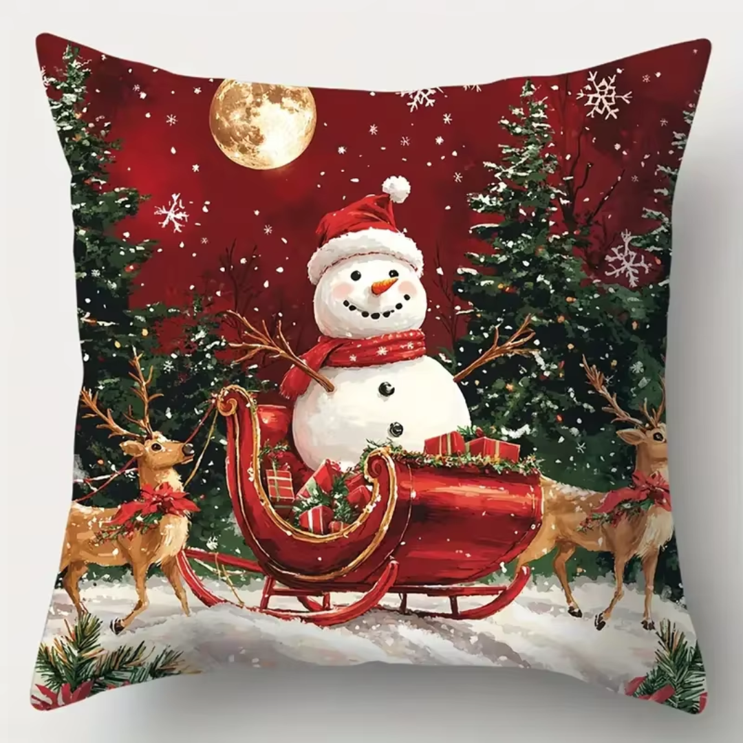 Classic Christmas Cushion Covers Set (4 Pieces) β Santa & Snowman Red Holiday Collection
