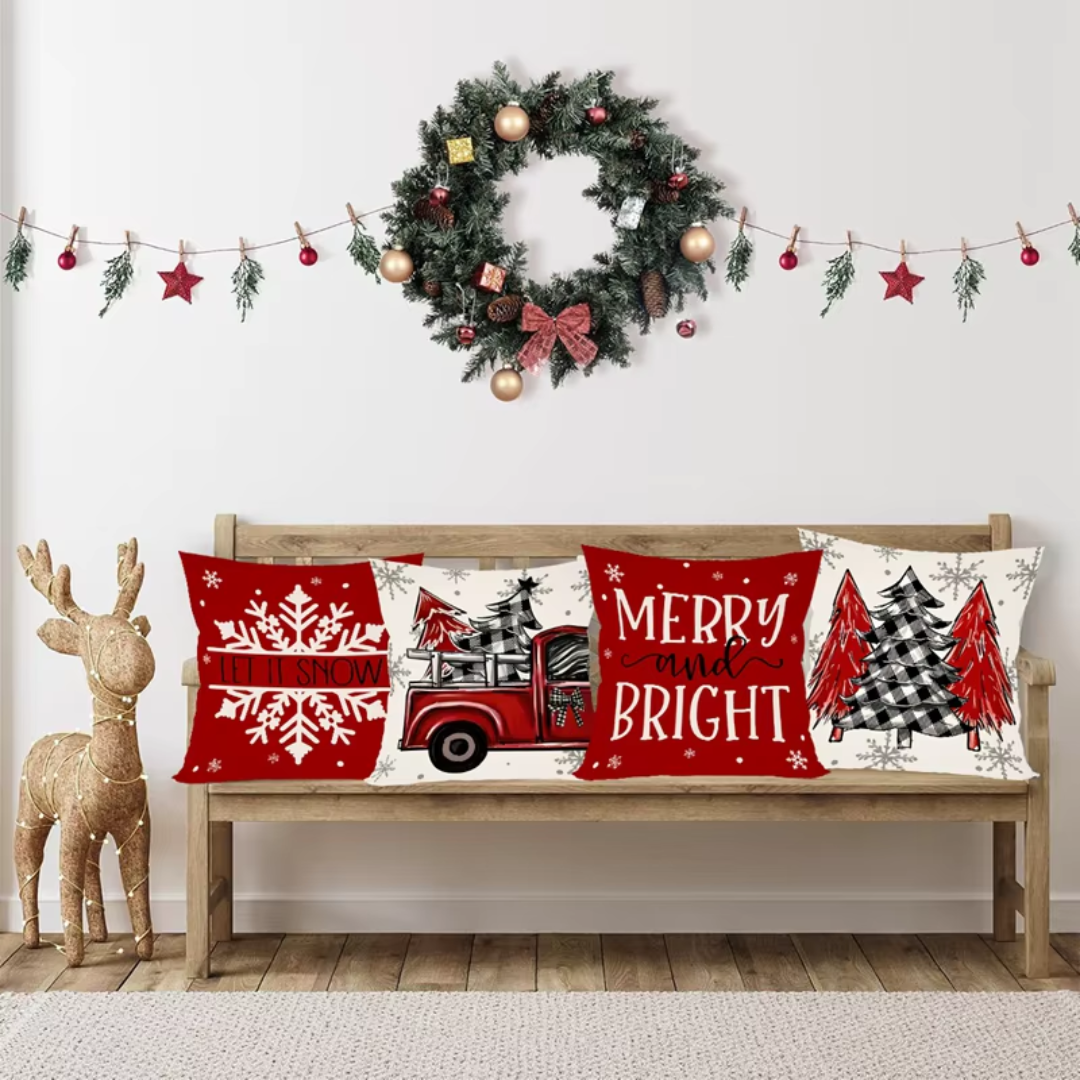Christmas Cushion Covers Set (4 Pieces) – Red Truck & Snowflake Collection