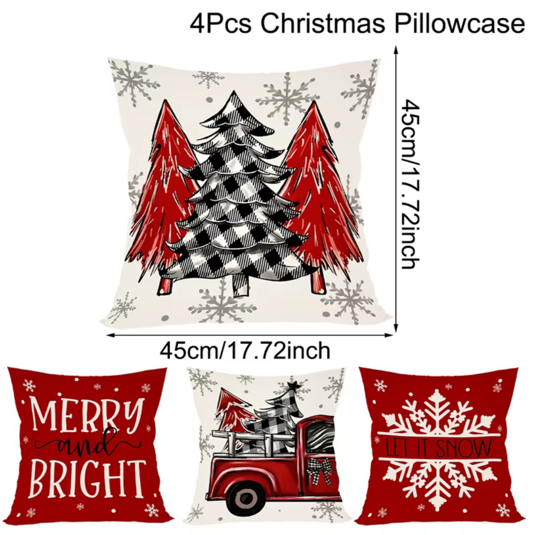 Christmas Cushion Covers Set (4 Pieces) – Red Truck & Snowflake Collection