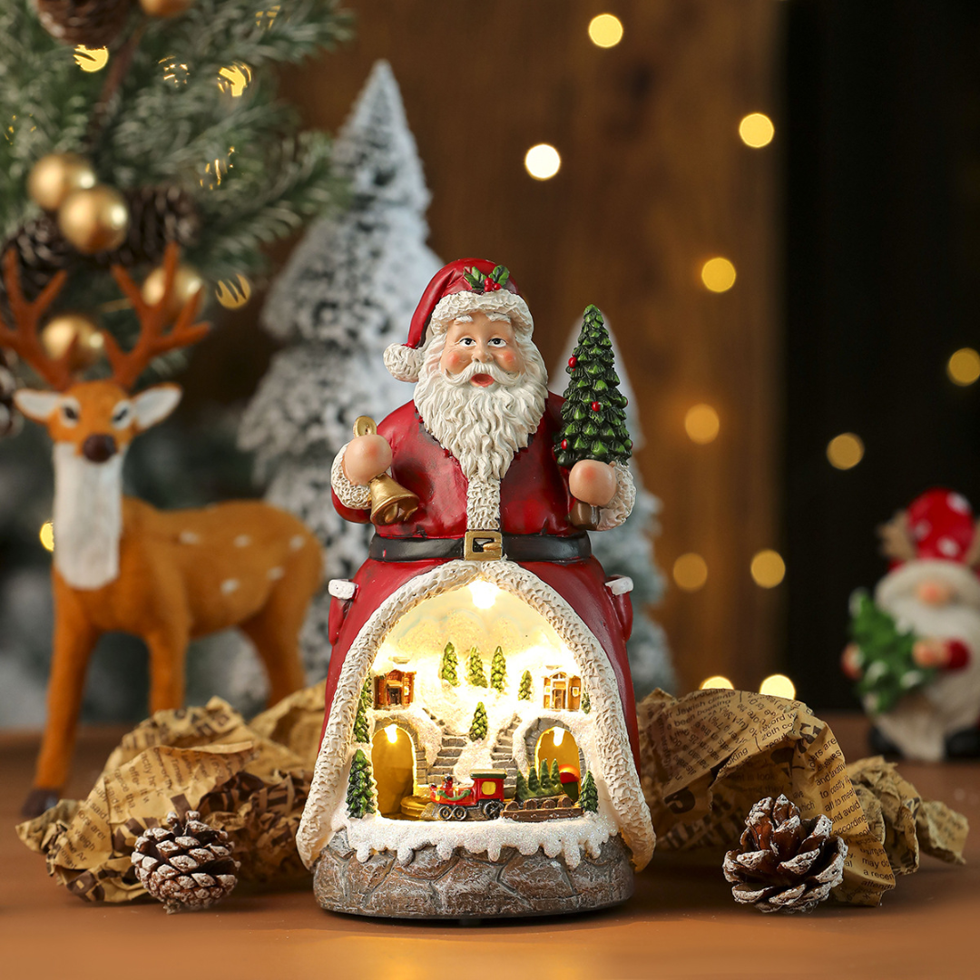 Christmas Cabin Music Box — LED Santa & Snowman Figurines (Rotating Train)