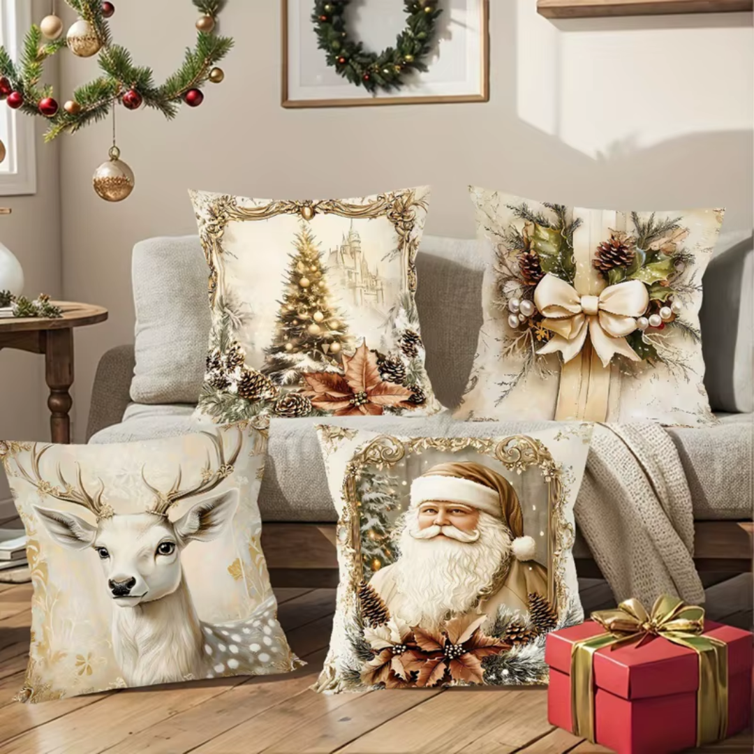 Vintage Christmas Cushion Covers Set (4 Pieces) – Golden Holiday Pillow Collection