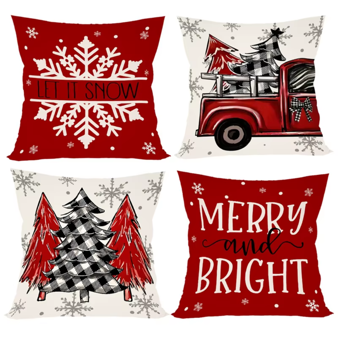 Christmas Cushion Covers Set (4 Pieces) – Red Truck & Snowflake Collection