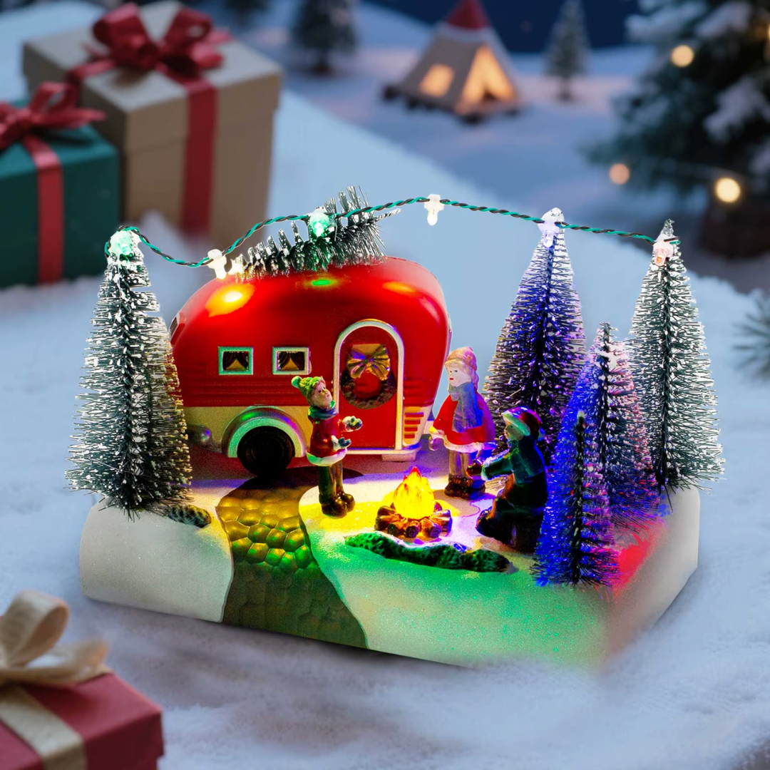 Christmas Camper Scene with LED Lights & Music – Holiday Caravan Village Décor
