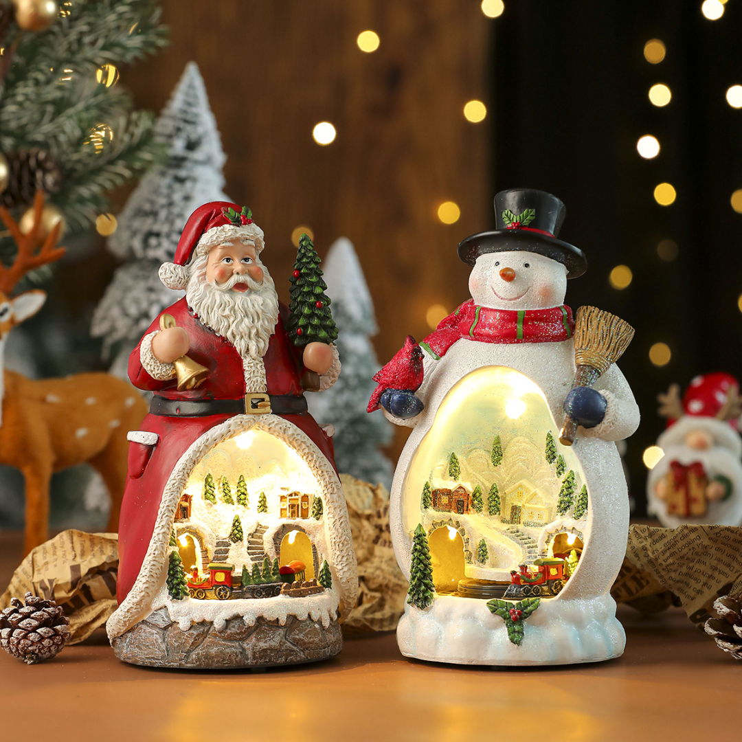 Christmas Cabin Music Box — LED Santa & Snowman Figurines (Rotating Train)