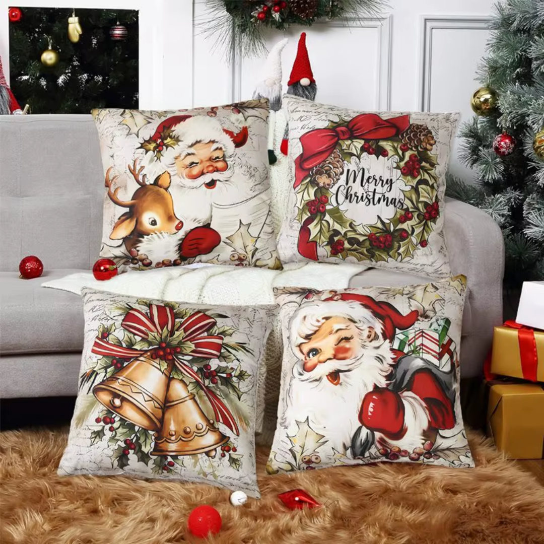 Christmas Cushion Covers Set (4 Pieces) – Santa, Reindeer, Bells & Wreath Collection