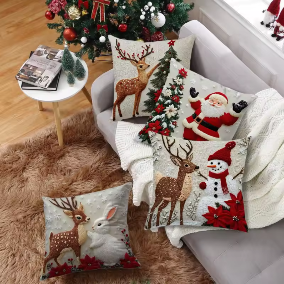 Christmas Embroidered Cushion Covers Set (4 Pieces) – Cozy Holiday Pillow Covers