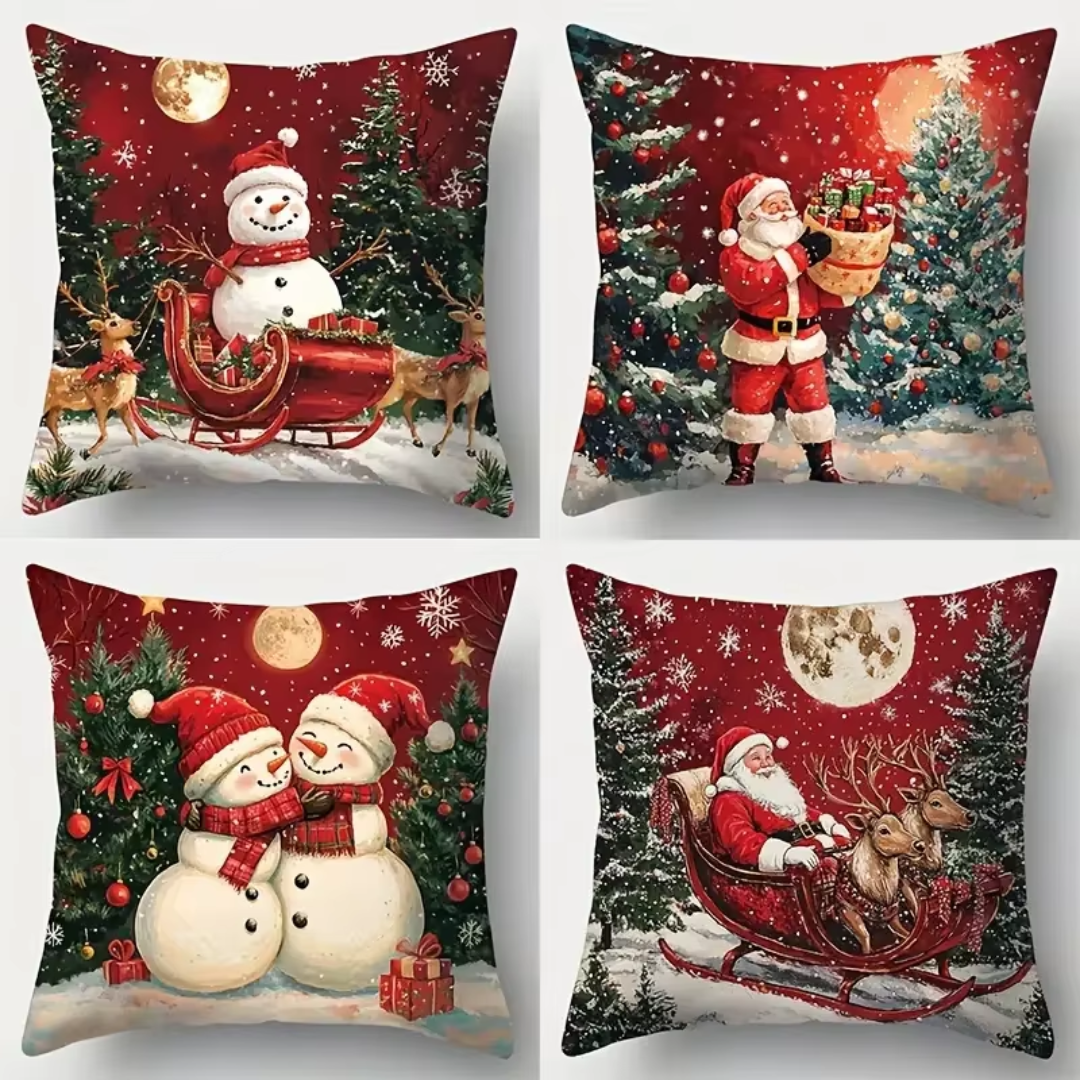 Classic Christmas Cushion Covers Set (4 Pieces) – Santa & Snowman Red Holiday Collection