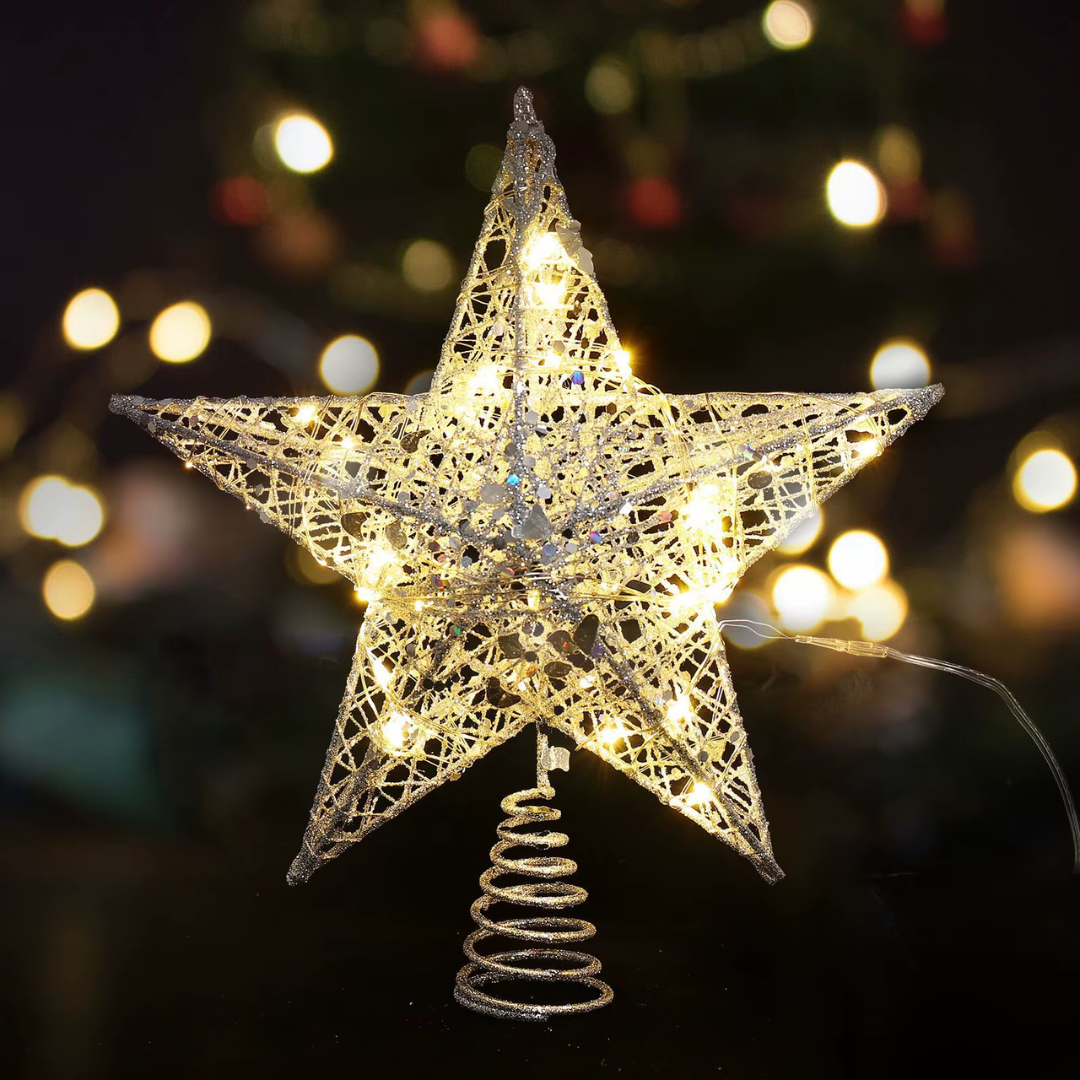LED Christmas Tree Star Topper – Gold & Silver Holiday Decor