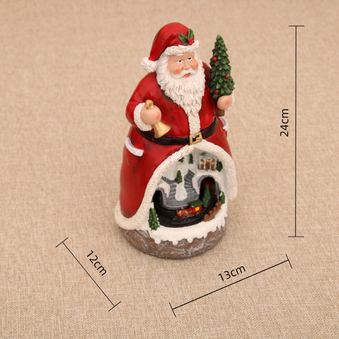 Christmas Cabin Music Box — LED Santa & Snowman Figurines (Rotating Train)