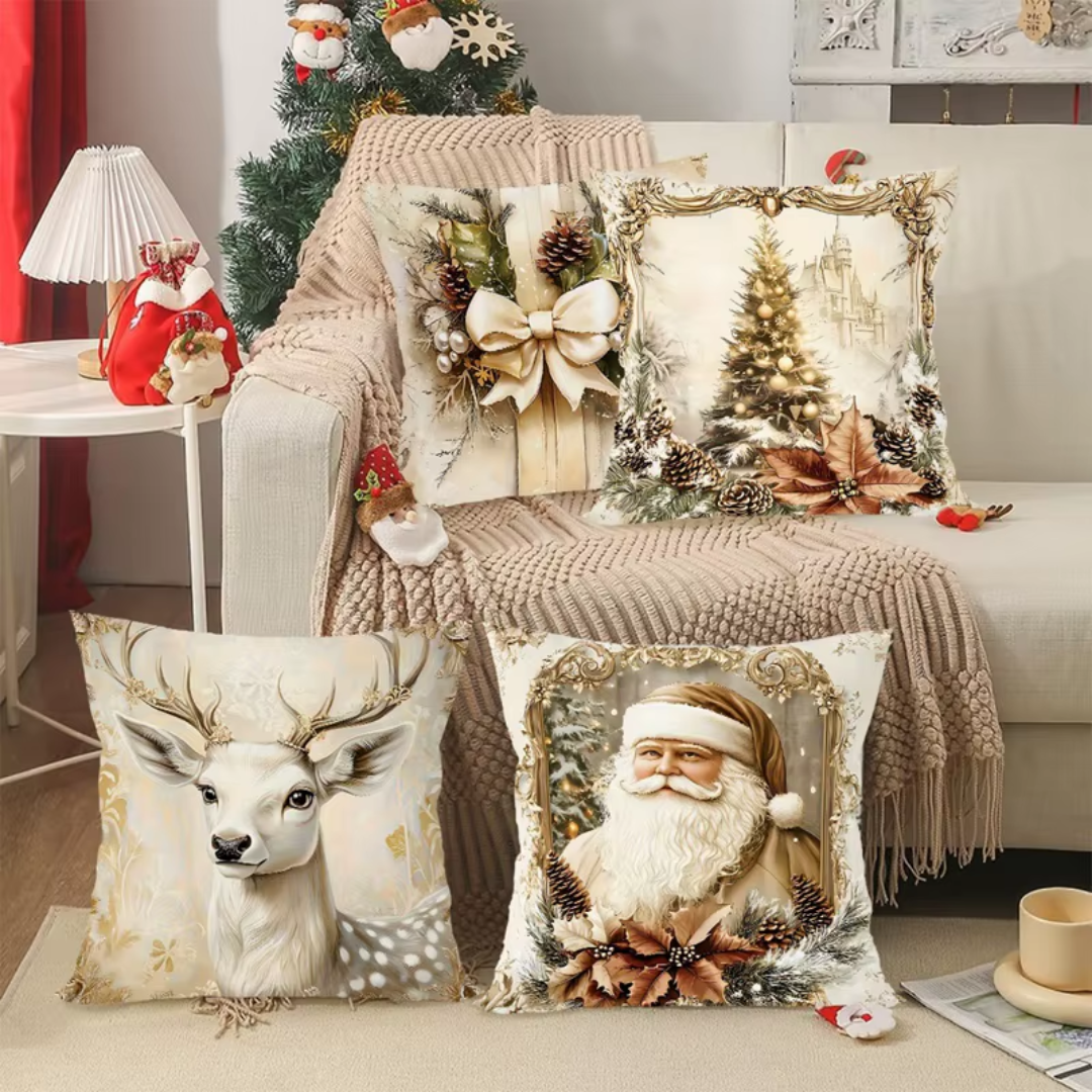 Vintage Christmas Cushion Covers Set (4 Pieces) – Golden Holiday Pillow Collection