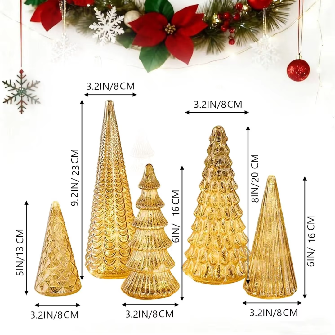 Set of 5 LED Mercury Glass Christmas Trees – Golden & Silver Holiday Deco