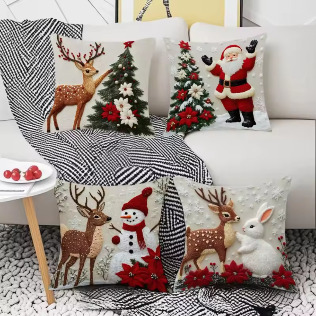 Christmas Embroidered Cushion Covers Set (4 Pieces) – Cozy Holiday Pillow Covers