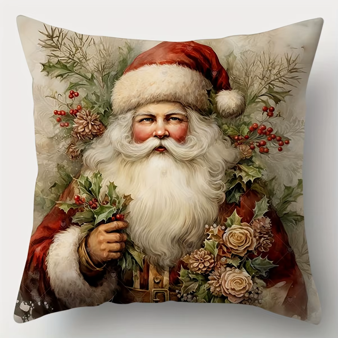 Vintage Christmas Cushion Covers Set (4 Pieces) – Santa, Bells, Cabin & Snowman Collection