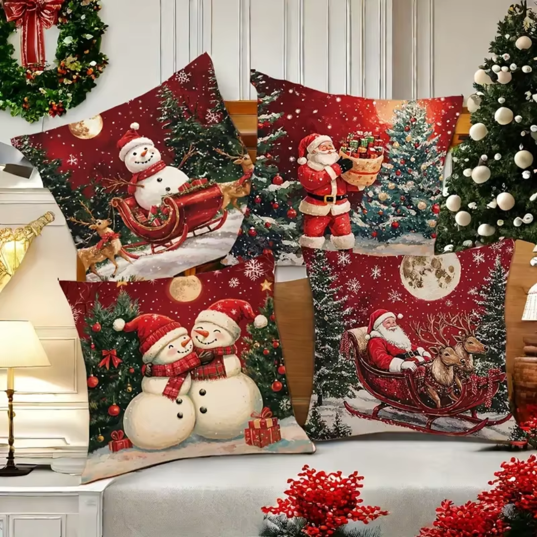 Classic Christmas Cushion Covers Set (4 Pieces) – Santa & Snowman Red Holiday Collection