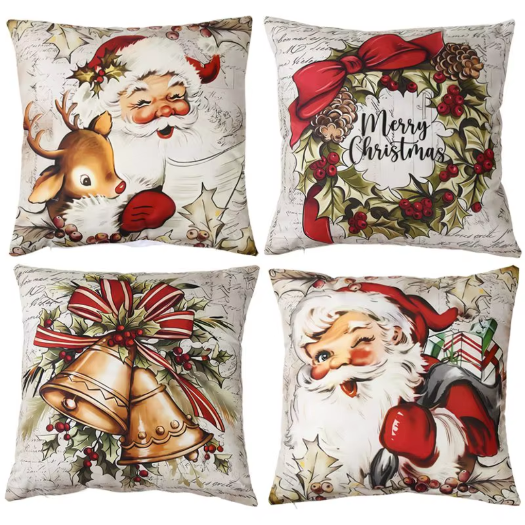 Christmas Cushion Covers Set (4 Pieces) – Santa, Reindeer, Bells & Wreath Collection