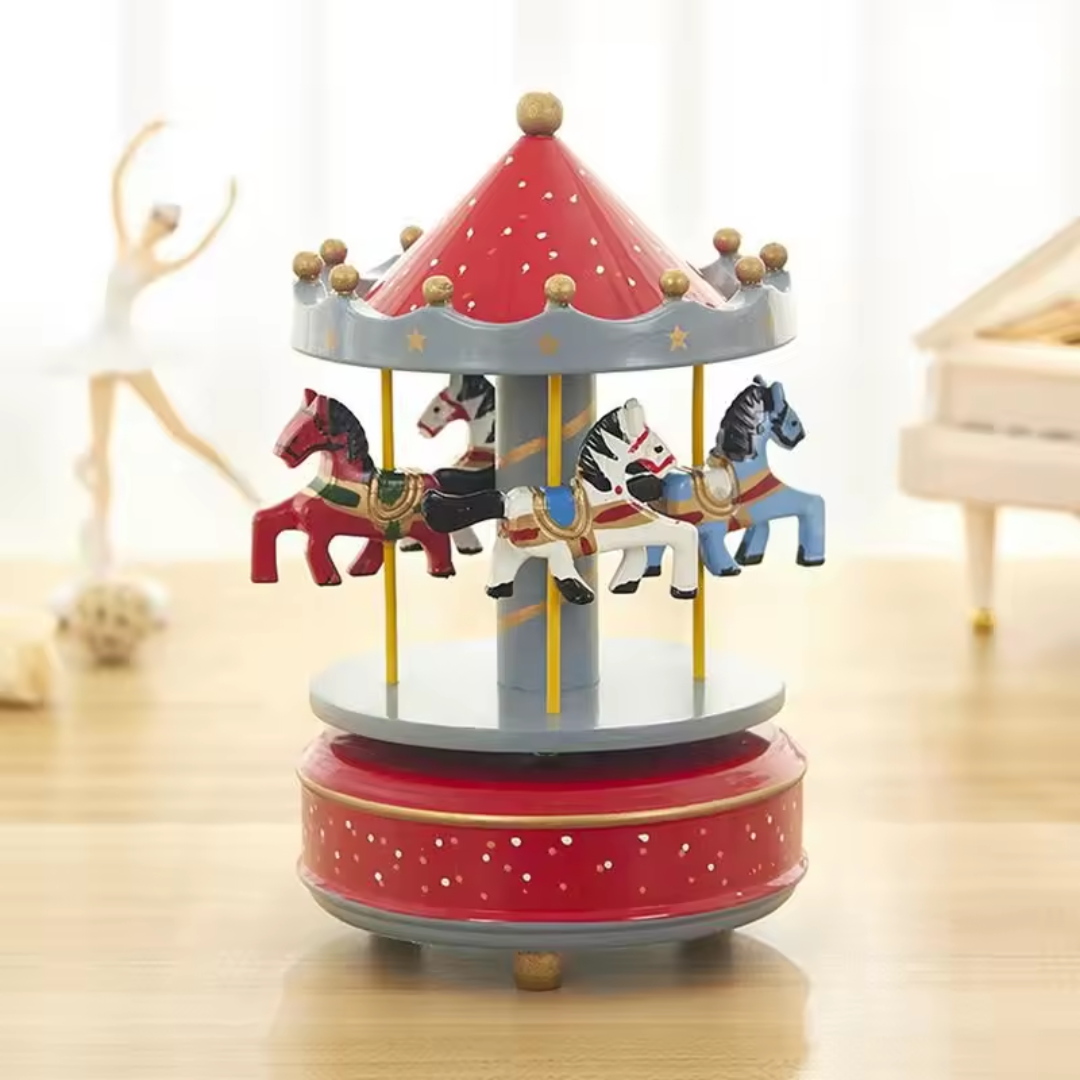 Wooden Carousel Music Box – Red Vintage Merry-Go-Round Gift