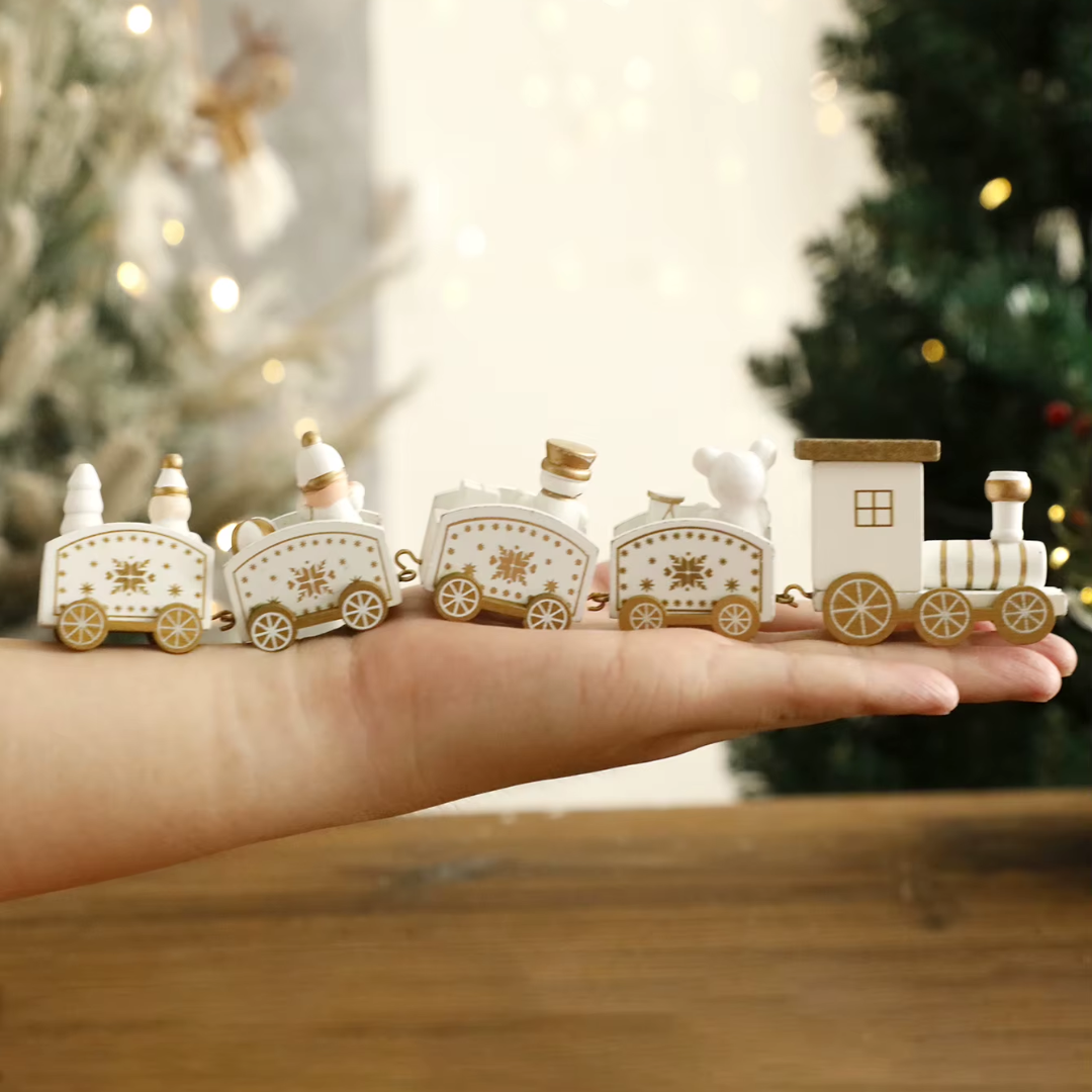 White Wooden Christmas Train – 4-Car Mini Decor
