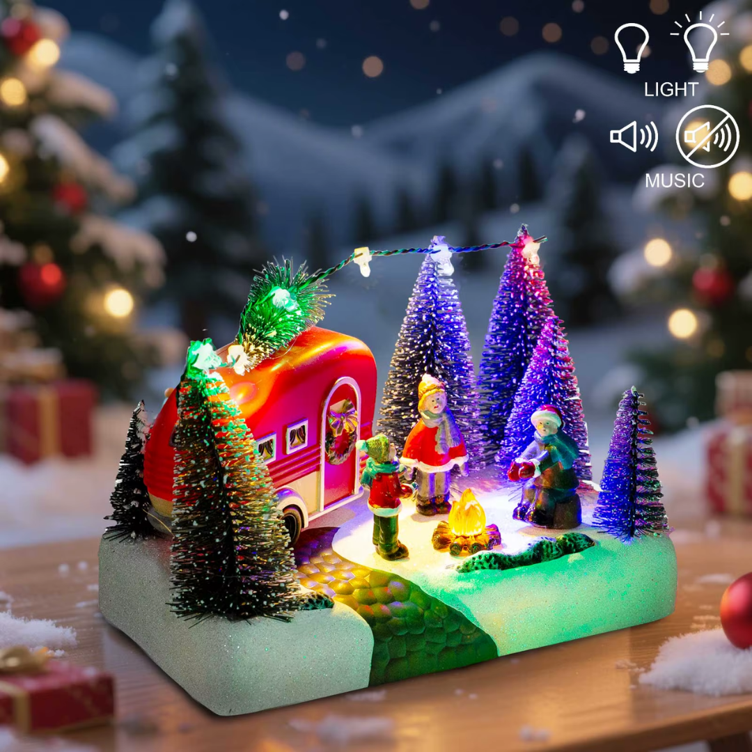 Christmas Camper Scene with LED Lights & Music – Holiday Caravan Village Décor