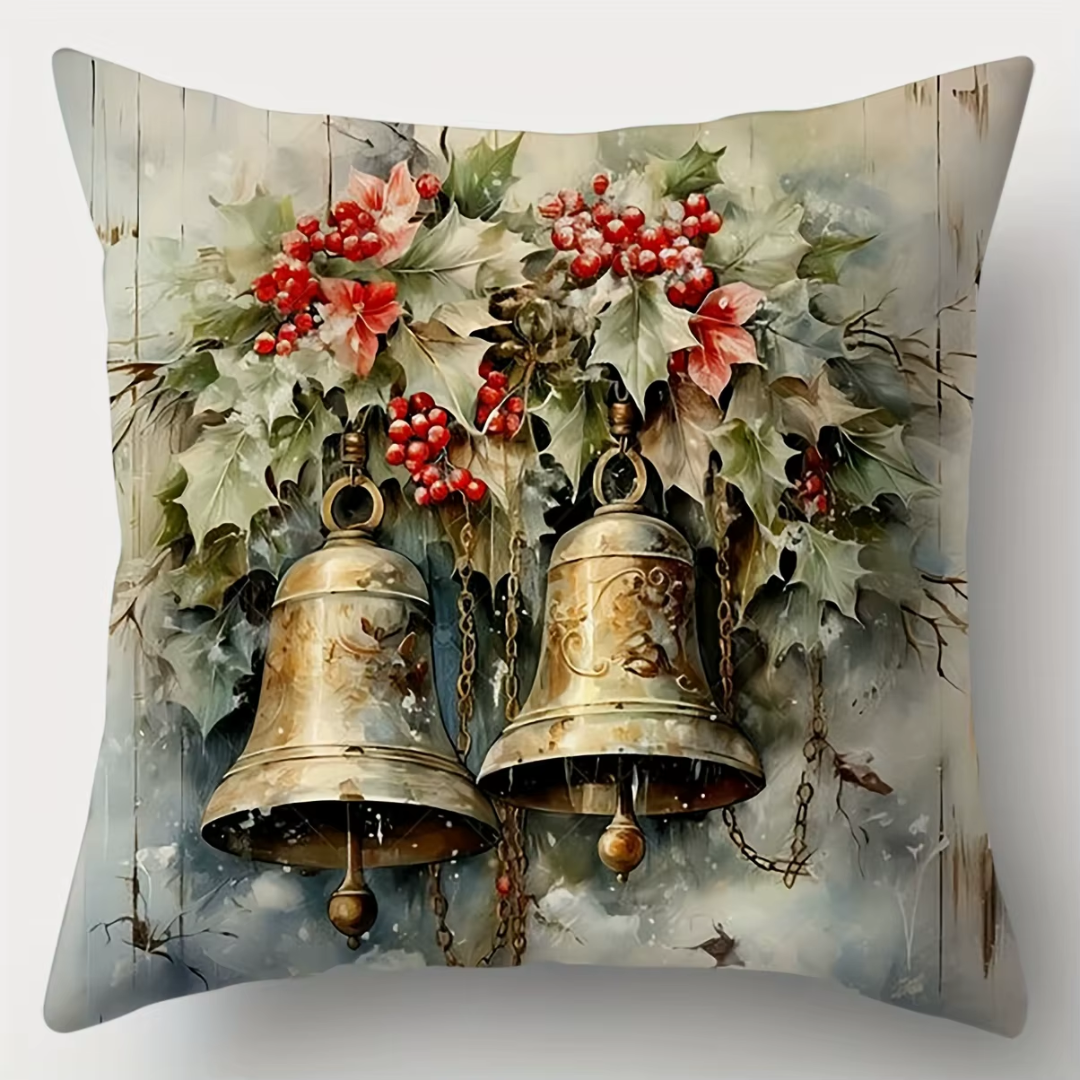 Vintage Christmas Cushion Covers Set (4 Pieces) – Santa, Bells, Cabin & Snowman Collection