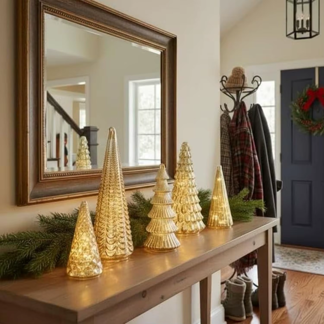 Set of 5 LED Mercury Glass Christmas Trees – Golden & Silver Holiday Deco