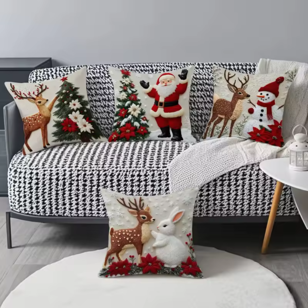 Christmas Embroidered Cushion Covers Set (4 Pieces) – Cozy Holiday Pillow Covers