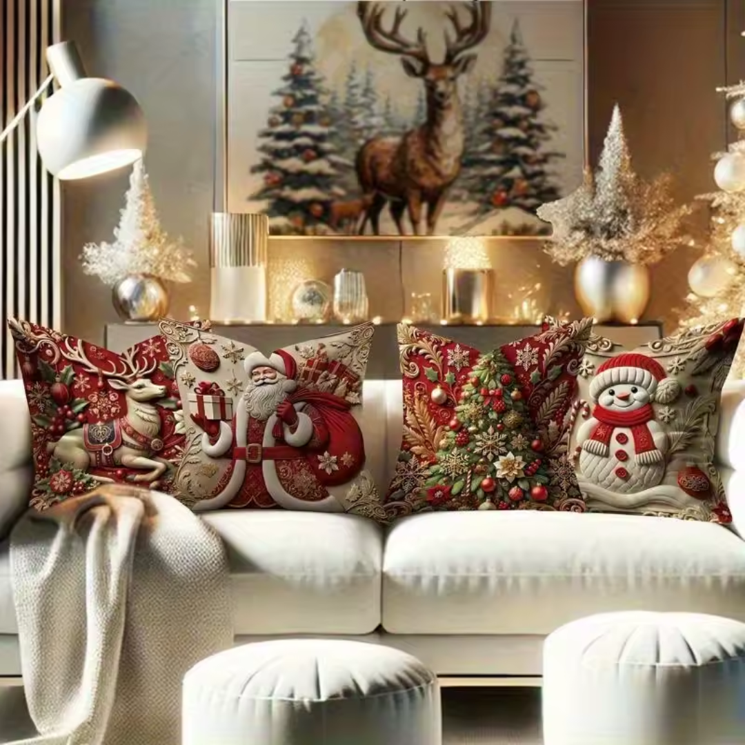 Deluxe Christmas Pillow Cover Set — 4 Designs (Santa, Reindeer, Tree & Snowman, 45×45cm)