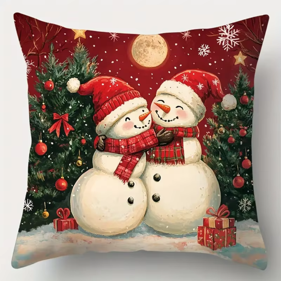 Classic Christmas Cushion Covers Set (4 Pieces) – Santa & Snowman Red Holiday Collection